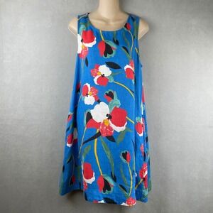 Sigrid Olsen Blue Floral Cottagecore Linen Sleeveless Shift Dress Pockets Wmn M